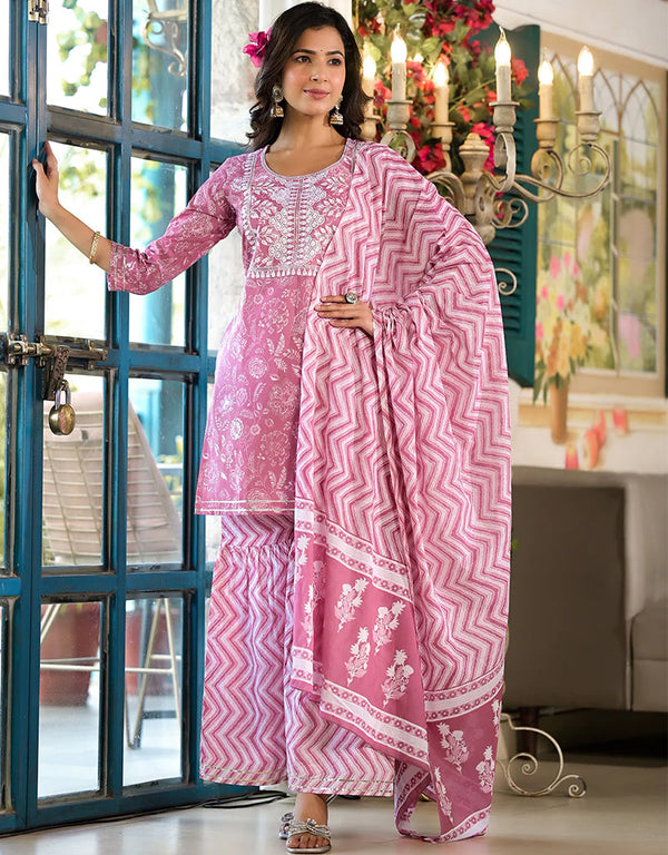 Kurta Sharara With Dupatta Set Baby Pink Pure Cotton Sharara Suit Front View