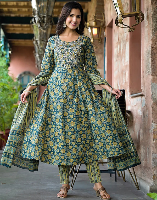Kurta Trouser With Dupatta Set Multi Pure Cotton Pant Anarkali Front View