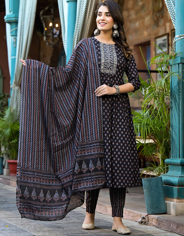 Embroidery Sequins_Work Kurta Trouser With Dupatta Set Black Pure Cotton Pant Anarkali Front View
