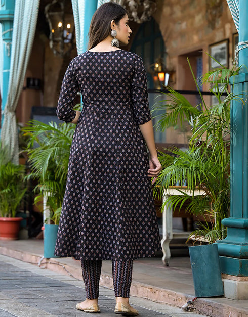 Embroidery Sequins_Work Kurta Trouser With Dupatta Set Black Pure Cotton Pant Anarkali Back View