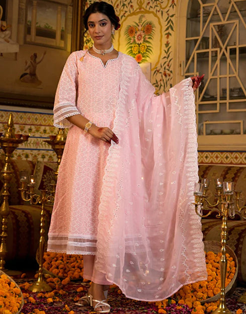 Anarkali Kurta Trouser With Dupatta Set Baby Pink Pure Cotton Pant Anarkali Front View