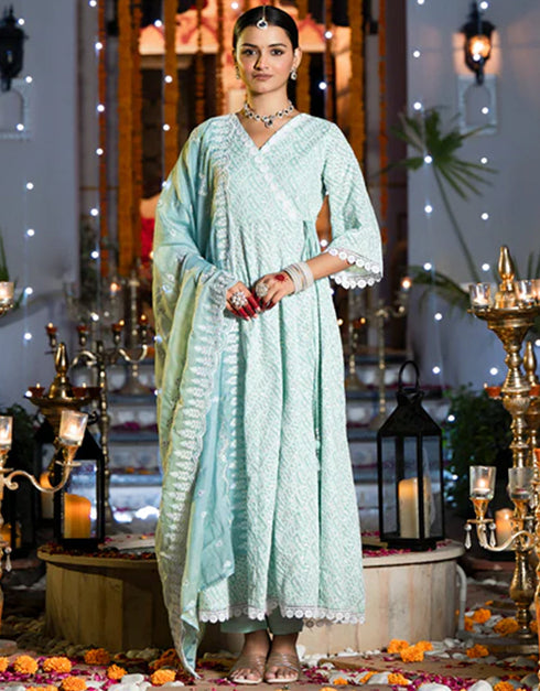 Angrakha Anarkali Kurta Trouser With Dupatta Set Sky Blue Pure Cotton Pant Anarkali Front View