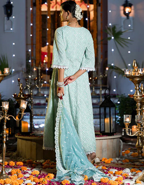 Angrakha Anarkali Kurta Trouser With Dupatta Set Sky Blue Pure Cotton Pant Anarkali Close-up View