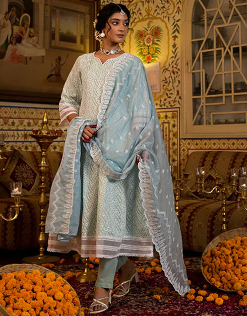 Anarkali Kurta Trouser With Dupatta Set Pista Pure Cotton Pant Anarkali Front View