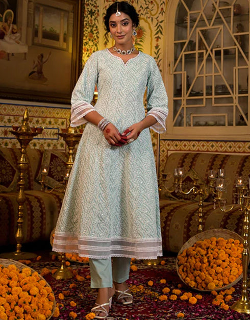 Anarkali Kurta Trouser With Dupatta Set Pista Pure Cotton Pant Anarkali Back View