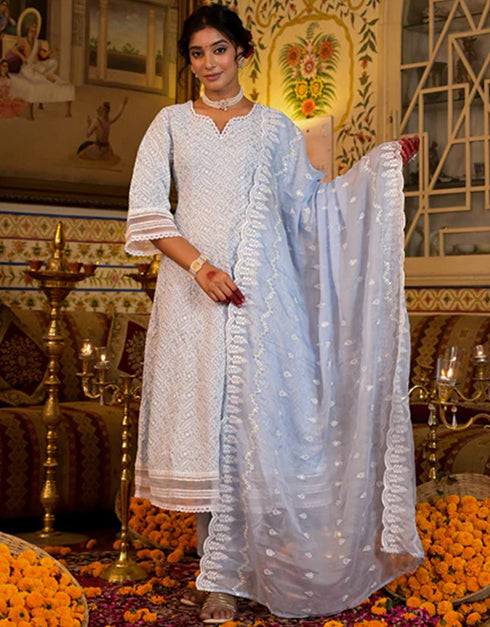 Anarkali Kurta Trouser With Dupatta Set Sky Blue Pure Cotton Pant Anarkali Front View