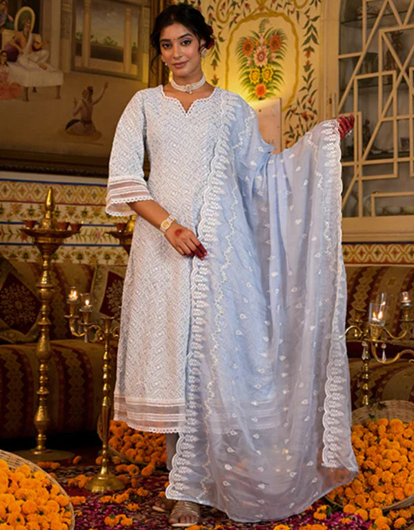 Anarkali Kurta Trouser With Dupatta Set Sky Blue Pure Cotton Pant Anarkali Front View