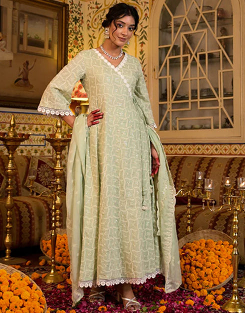 Angrakha Anarkali Kurta Trouser With Dupatta Set Pista Green Pure Cotton Pant Anarkali Front View
