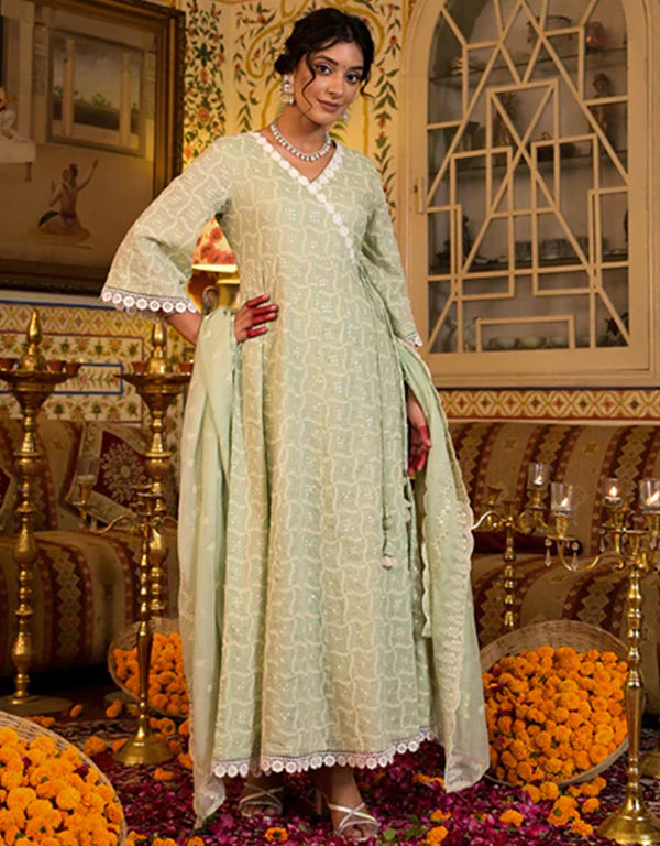 Angrakha Anarkali Kurta Trouser With Dupatta Set Pista Green Pure Cotton Pant Anarkali Front View
