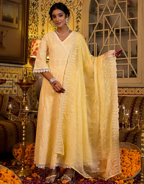Angrakha Anarkali Kurta Trouser With Dupatta Set Yellow Pure Cotton Pant Anarkali Front View