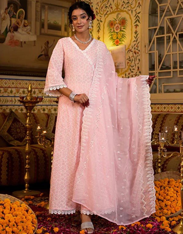 Angrakha Anarkali Kurta Trouser With Dupatta Set Baby Pink Pure Cotton Pant Anarkali Front View