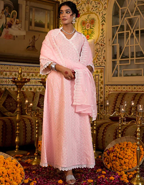 Angrakha Anarkali Kurta Trouser With Dupatta Set Baby Pink Pure Cotton Pant Anarkali Close-up View