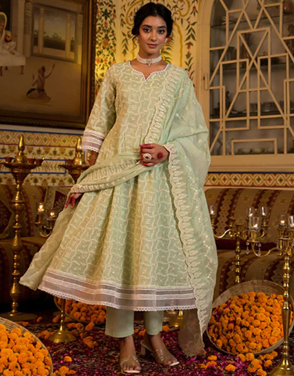 Anarkali Kurta Trouser With Dupatta Set Pista Green Pure Cotton Pant Anarkali Front View