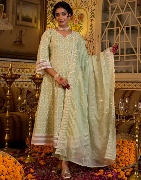 Anarkali Kurta Trouser With Dupatta Set Pista Green Pure Cotton Pant Anarkali Close-up View