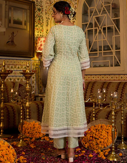 Anarkali Kurta Trouser With Dupatta Set Pista Green Pure Cotton Pant Anarkali Back View