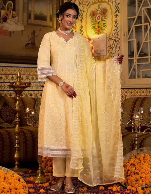 Anarkali Kurta Trouser With Dupatta Set Yellow Pure Cotton Pant Anarkali Front View