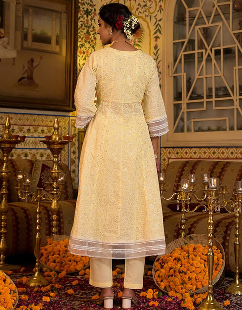 Anarkali Kurta Trouser With Dupatta Set Yellow Pure Cotton Pant Anarkali Back View