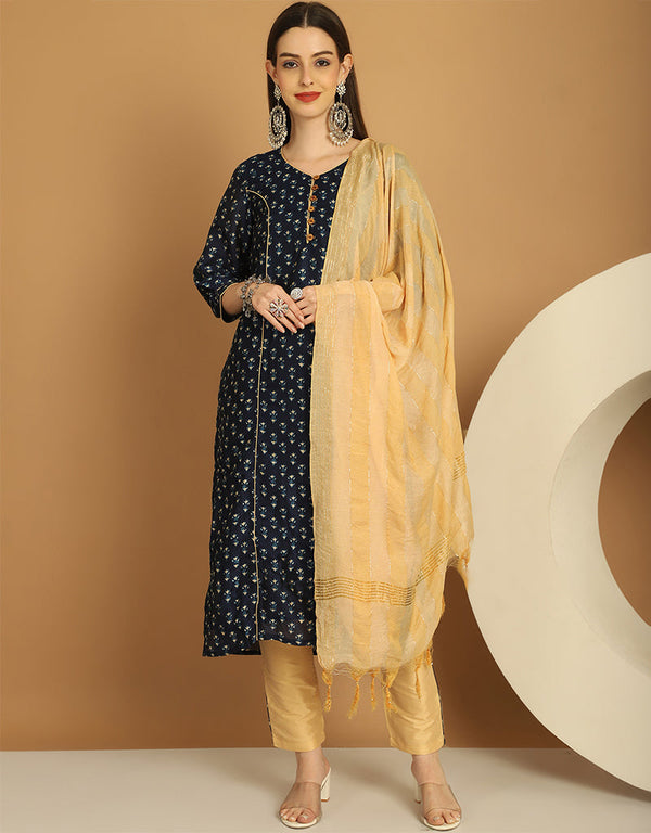 Trendy Top Bottom Dupatta Set Black Chanderi Pant Straight Front View