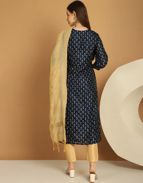 Trendy Top Bottom Dupatta Set Black Chanderi Pant Straight Close-up View