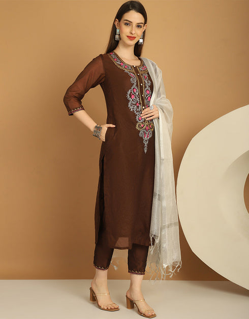 Trendy Top Bottom Dupatta Set Brown Chanderi Pant Straight Front View