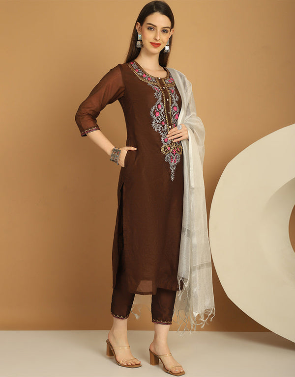 Trendy Top Bottom Dupatta Set Brown Chanderi Pant Straight Front View