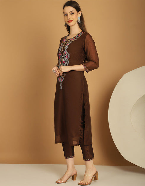 Trendy Top Bottom Dupatta Set Brown Chanderi Pant Straight Back View