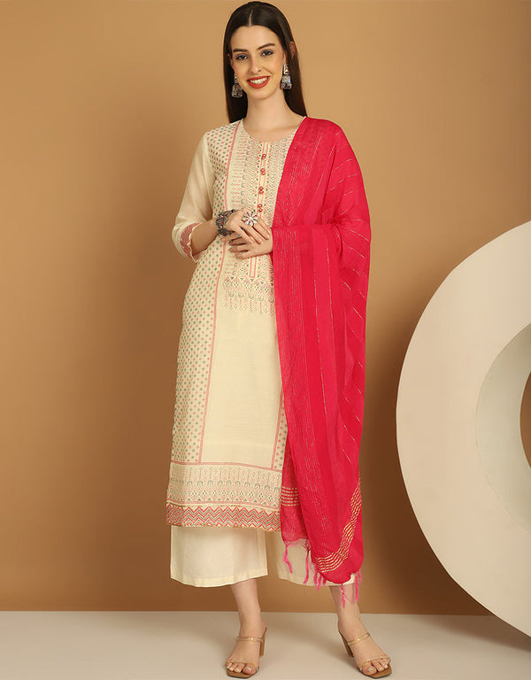 Trendy Top Bottom Dupatta Set Cream Chanderi Pant Straight Front View
