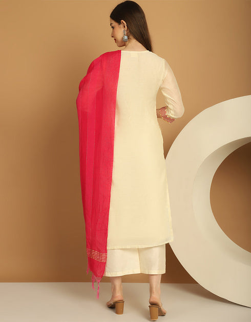 Trendy Top Bottom Dupatta Set Cream Chanderi Pant Straight Close-up View