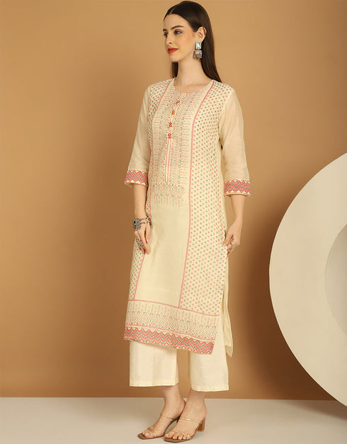 Trendy Top Bottom Dupatta Set Cream Chanderi Pant Straight Back View