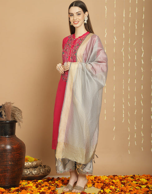 Trendy Top Bottom Dupatta Set Red Orange Chanderi Pant Straight Front View