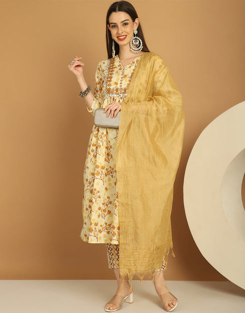 Trendy Top Bottom Dupatta Set Cream Yellow Cotton Lurex Pant Straight Front View