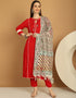 Trendy Top Bottom Dupatta Set Red Rayon Pant Straight Front View