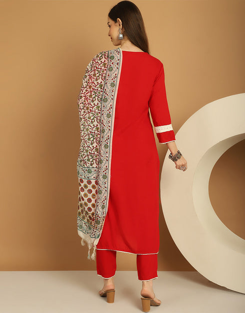 Trendy Top Bottom Dupatta Set Red Rayon Pant Straight Close-up View