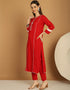 Trendy Top Bottom Dupatta Set Red Rayon Pant Straight Back View