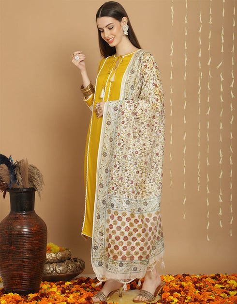 Trendy Top Bottom Dupatta Set Yellow Rayon Pant Straight Close-up View