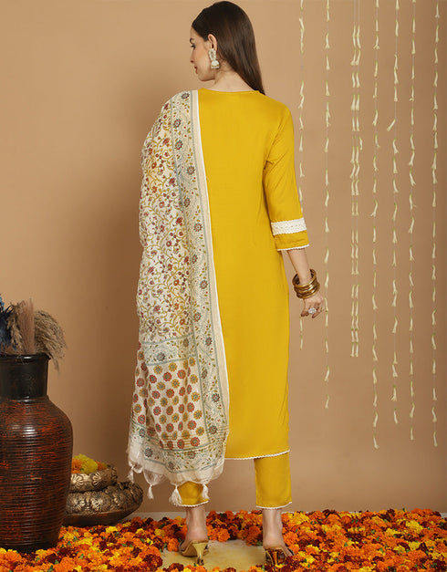 Trendy Top Bottom Dupatta Set Yellow Rayon Pant Straight Back View