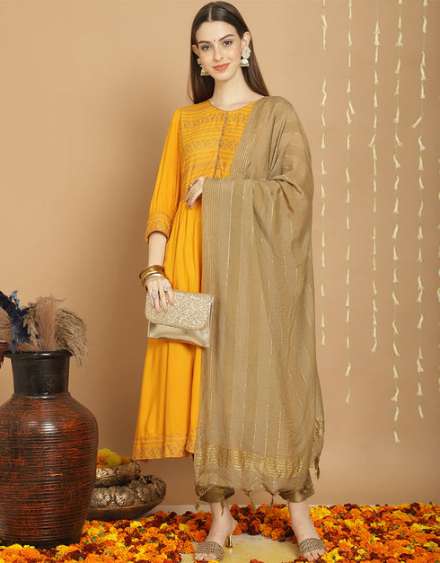 Trendy Top Bottom Dupatta Set Yellow Rayon Pant Straight Front View