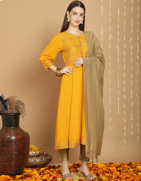 Trendy Top Bottom Dupatta Set Yellow Rayon Pant Straight Close-up View