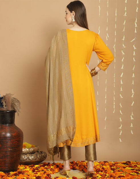 Trendy Top Bottom Dupatta Set Yellow Rayon Pant Straight Back View
