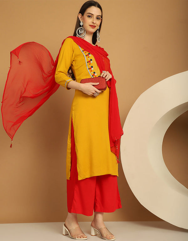 Trendy Top Bottom Dupatta Set Yellow Rayon Pant Straight Front View