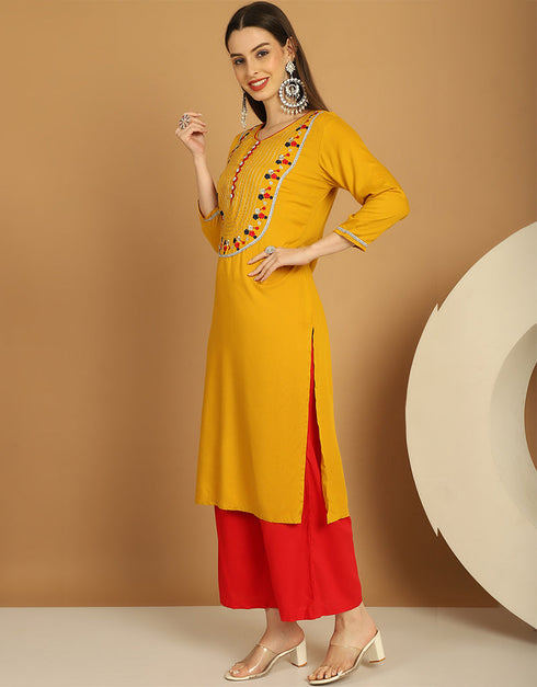 Trendy Top Bottom Dupatta Set Yellow Rayon Pant Straight Back View