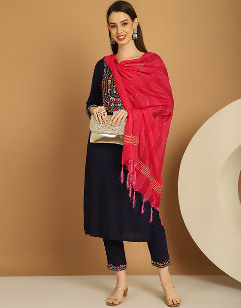Trendy Top Bottom Dupatta Set Navy Rayon Pant Straight Front View
