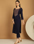 Trendy Top Bottom Dupatta Set Navy Rayon Pant Straight Back View
