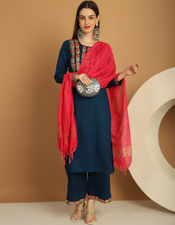 Trendy Top Bottom Dupatta Set Navy Blue Rayon Pant Straight Front View