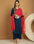 Trendy Top Bottom Dupatta Set Navy Blue Rayon Pant Straight Front View