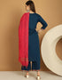 Trendy Top Bottom Dupatta Set Navy Blue Rayon Pant Straight Back View