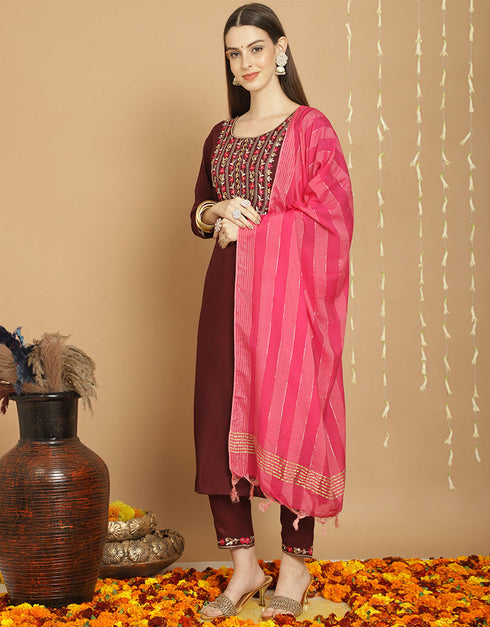 Trendy Top Bottom Dupatta Set Brown Rayon Pant Straight Front View