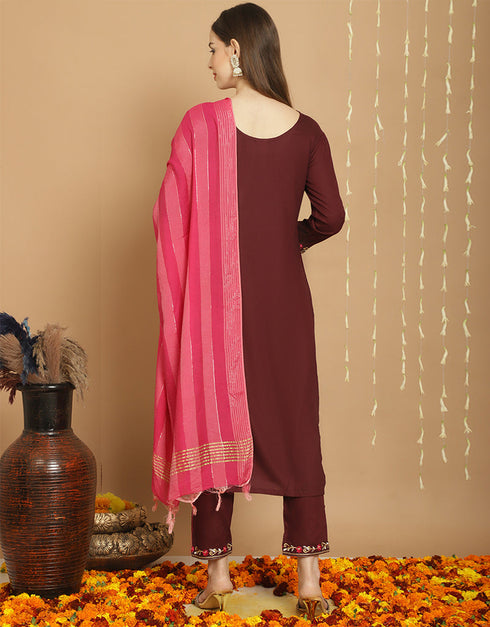 Trendy Top Bottom Dupatta Set Brown Rayon Pant Straight Close-up View