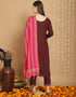 Trendy Top Bottom Dupatta Set Brown Rayon Pant Straight Close-up View