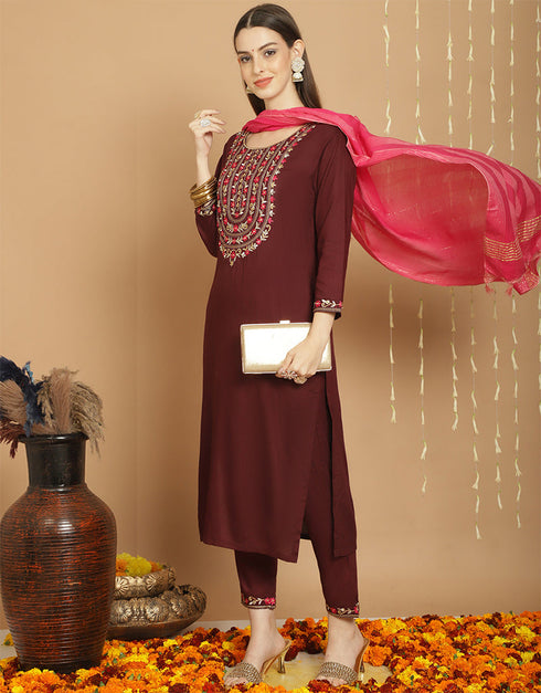 Trendy Top Bottom Dupatta Set Brown Rayon Pant Straight Back View